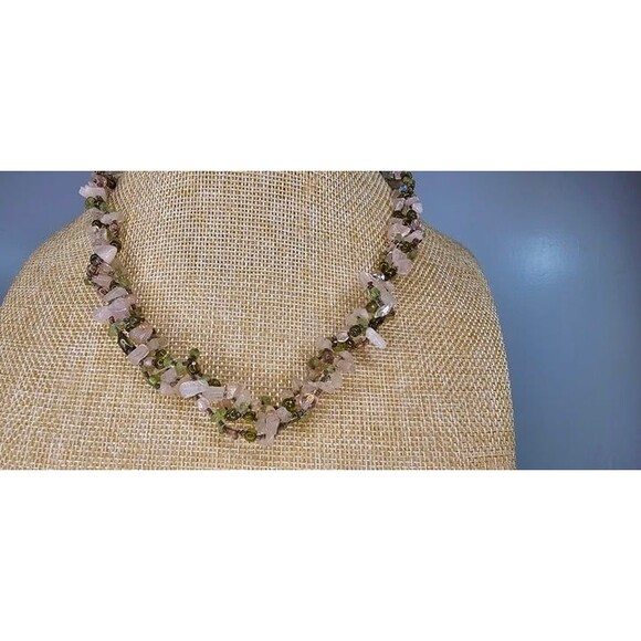 Handmade Pink Jadeite, Green Glass & Acrylic Beaded Braided Twist Necklace 18"L - Picture 2 of 5